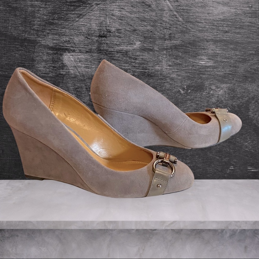 Coach gray suede wedge shoes, 3” heel, size 6B. Jewelry at the toe.